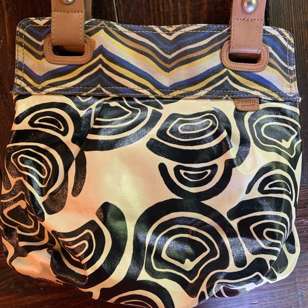 Fossil Key-Per Black Yellow Tote Shoulder Bag - Picture 6 of 10